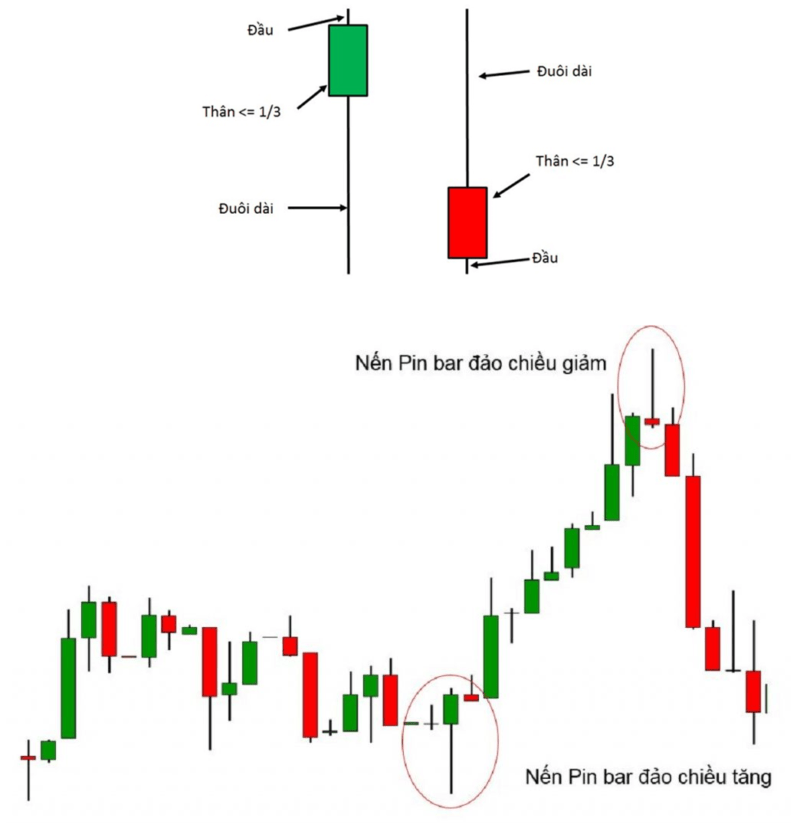 Nến Pin Bar được cấu tạo bởi 3 phần, thể hiện sự đảo chiều khác nhau dựa vào tỉ lệ của các phần