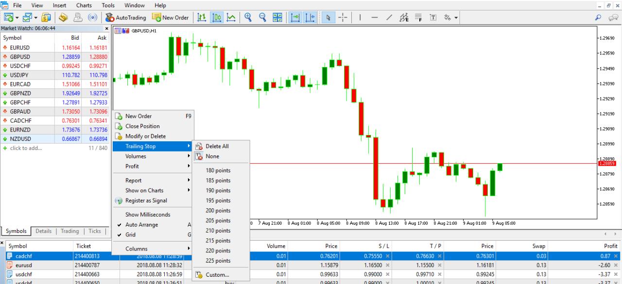 Chọn điểm muốn đặt Trailing stop