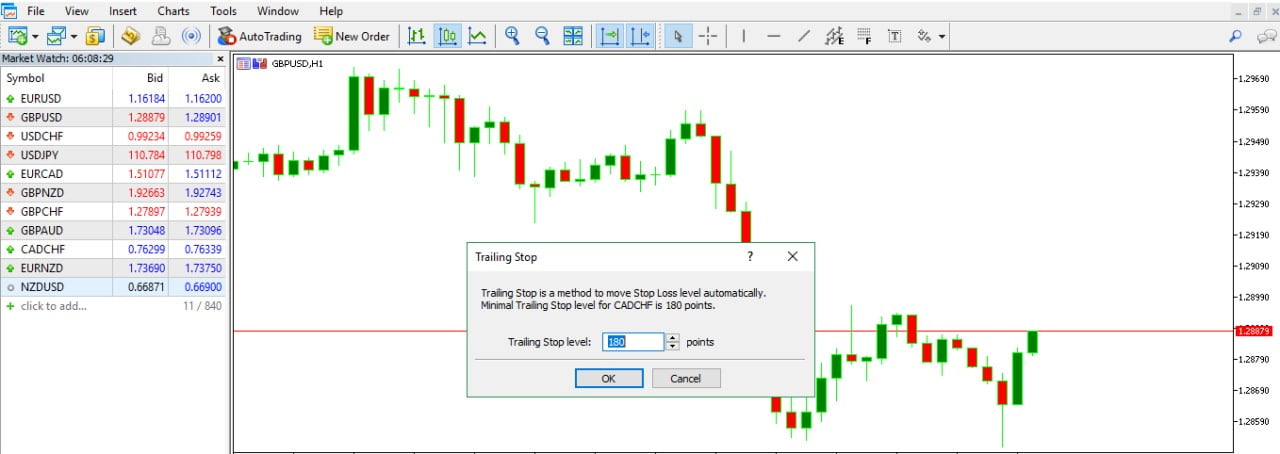 Chọn custom và nhập vào số pip mà bạn mong muốn đặt khi sử dụng Trailing Stop