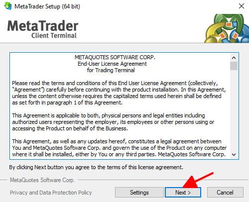 Khi bạn nhấp chọn Next là bạn đã đồng ý với Thỏa thuận người dùng của MetaTrader